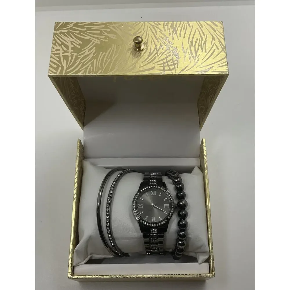 Folio Women’s Silver Tone Quartz Wrist Watch & 3 Bracelet Boxed Gift Set NEW
